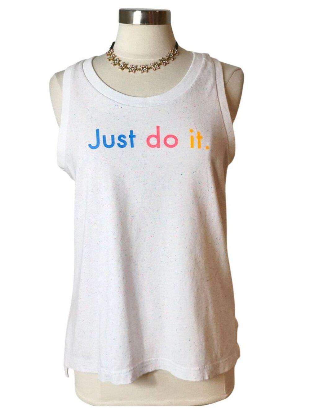 Nike Womens L Tank White Speckled Just Do It Top Graphic Sporty Athletic Active